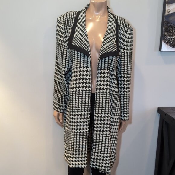 Vintage Houndstooth Overcoat Trench Duster Jacket Open Front Mid Length 80s 90s - Picture 7 of 13